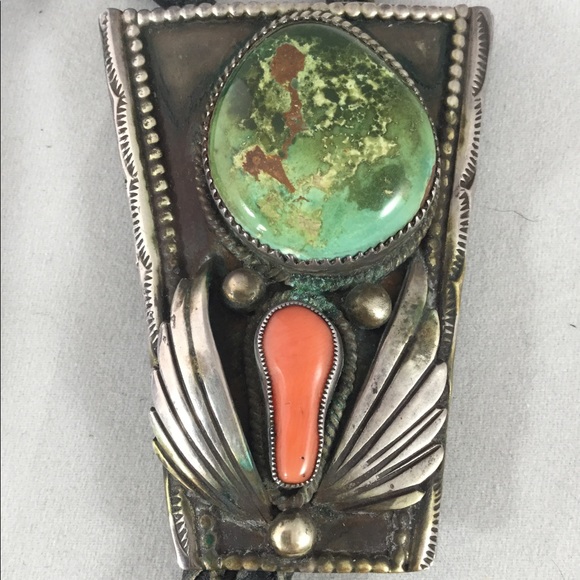 Vintage Turquoise and Coral Bolo c-31 Silver - Picture 5 of 7
